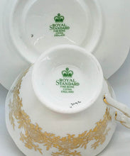 Load image into Gallery viewer, Pretty in Pink-Royal Standard Gold on White Teacup and Saucer