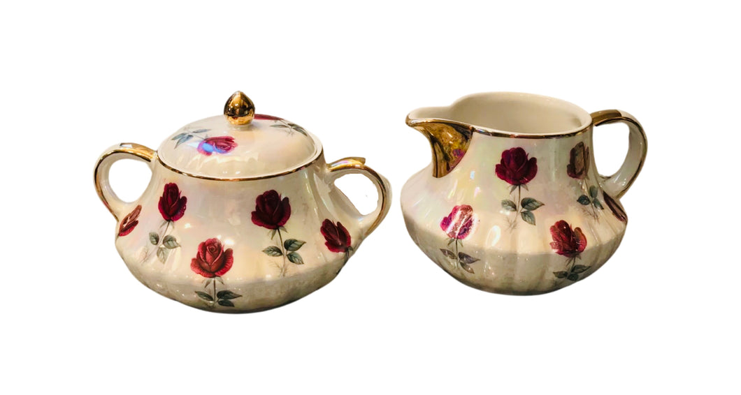 Iridescent Hand Decorated Creamer & Sugar Bowl England