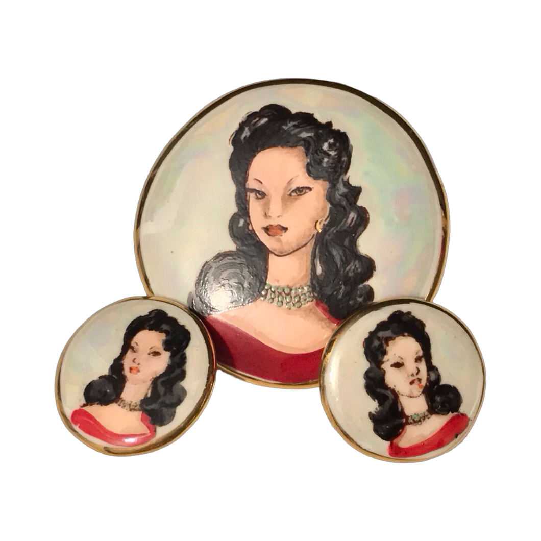 Vintage Italian Handpainted Portrait Brooch and Earrings