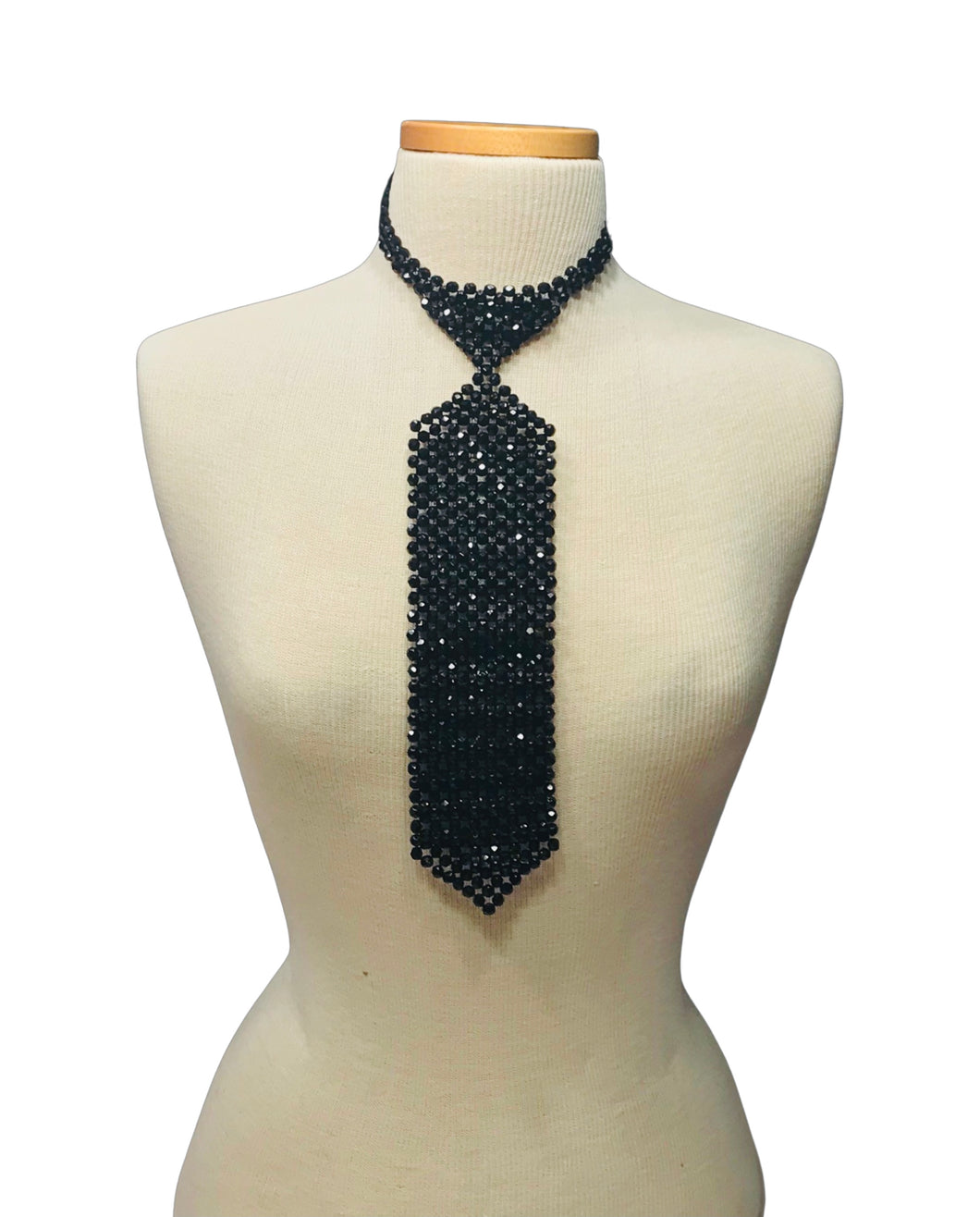 Vintage Black Beaded Tie Necklace