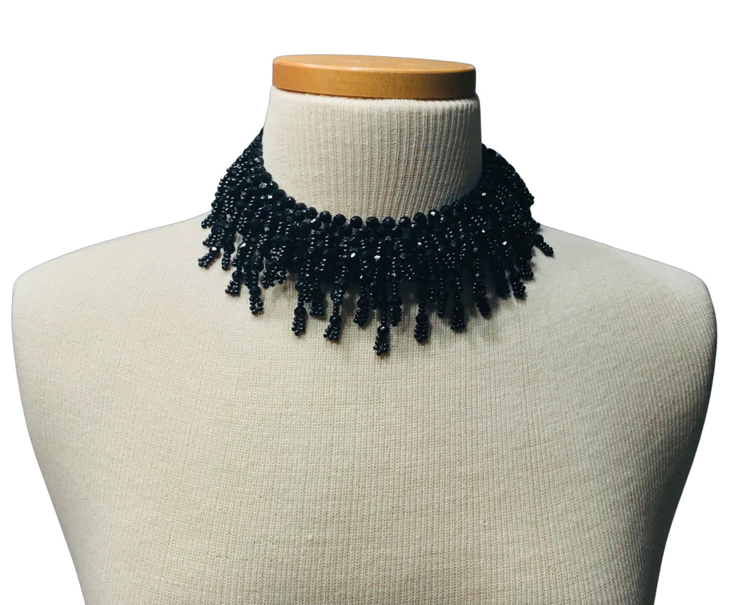 Vintage Black Beaded Fringe Choker