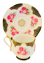 Load image into Gallery viewer, Shafford Japan Black and Gold with Pink Roses Teacup and Saucer
