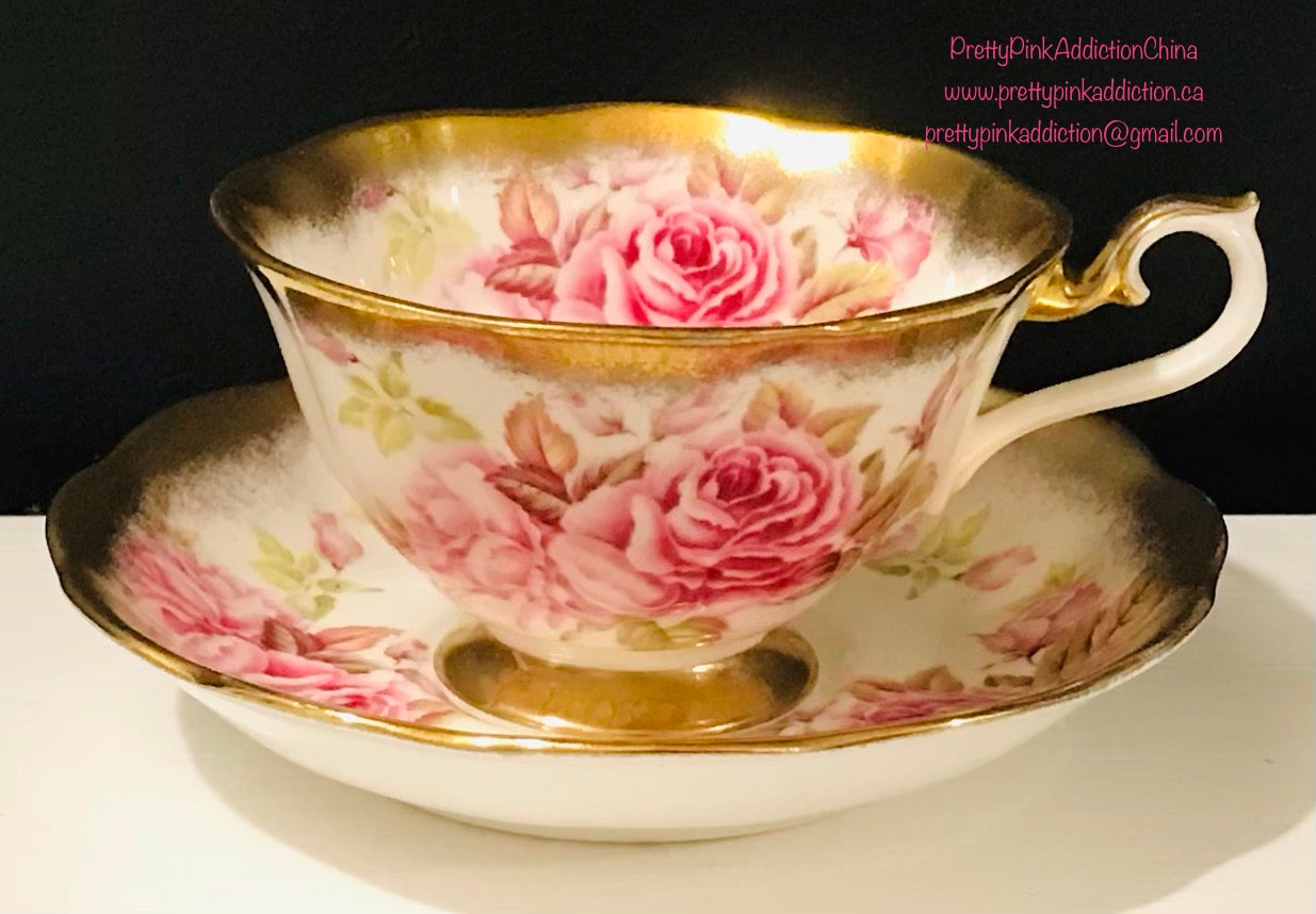 Royal Albert Mailady Teacup and Saucer, Gold Chintz Pink and White Cabbage Roses, Vintage English Bone outlet China