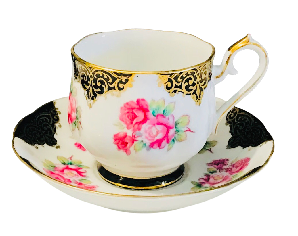 Shafford Japan Black and Gold with Pink Roses Teacup and Saucer