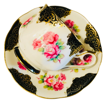 Load image into Gallery viewer, Shafford Japan Black and Gold with Pink Roses Teacup and Saucer
