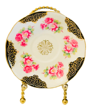 Load image into Gallery viewer, Shafford Japan Black and Gold with Pink Roses Teacup and Saucer
