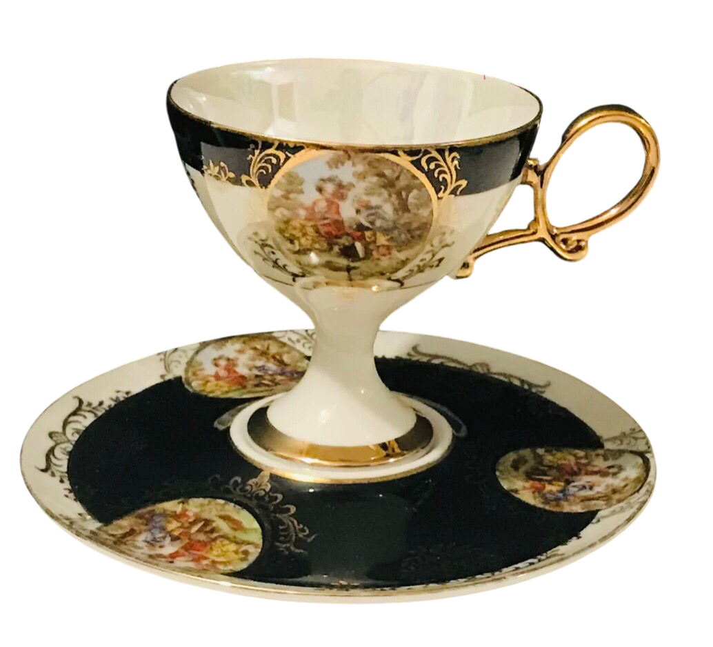 Shafford Black Pedestal Courting Couples Cup and Saucer