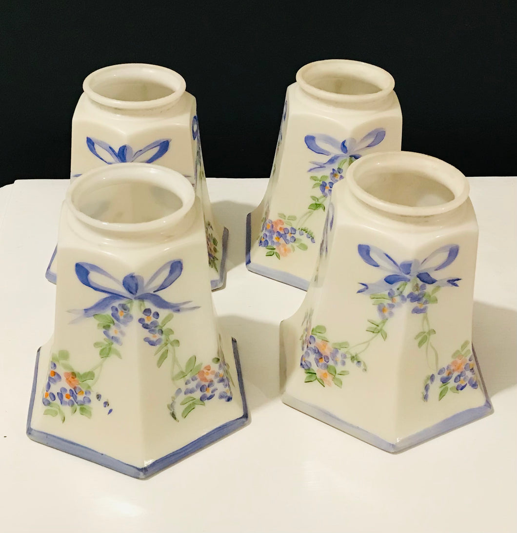 Vintage White Glass Light Shades Hand Painted With Blue Bows-4 Available