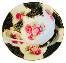 Load image into Gallery viewer, Shafford Japan Black and Gold with Pink Roses Teacup and Saucer
