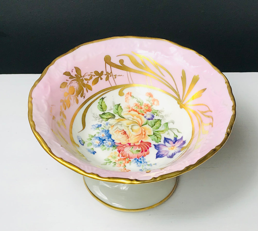 Stunning Limoges Pink Floral and Gold Small Pedestal Bowl France