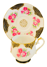 Load image into Gallery viewer, Shafford Japan Black and Gold with Pink Roses Teacup and Saucer
