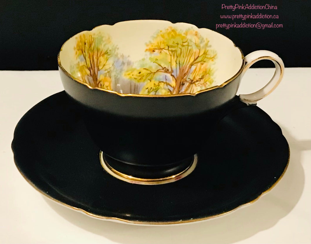 Rare Shelley Black Matte Floral Teacup and Saucer