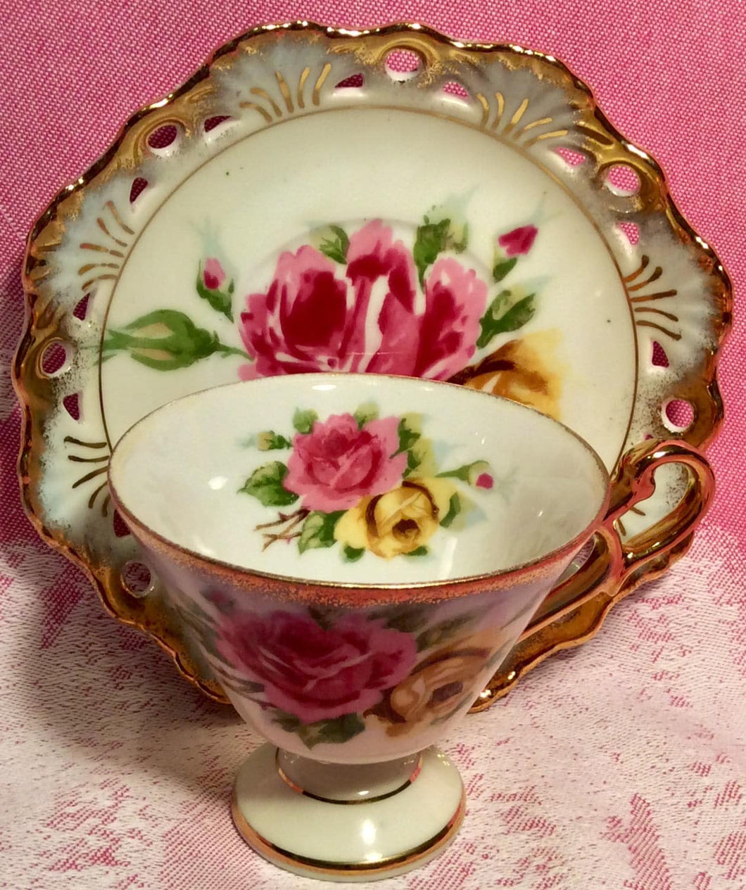 Pretty In Pink-and Hand Painted Lefton Japan Teacup and Saucer