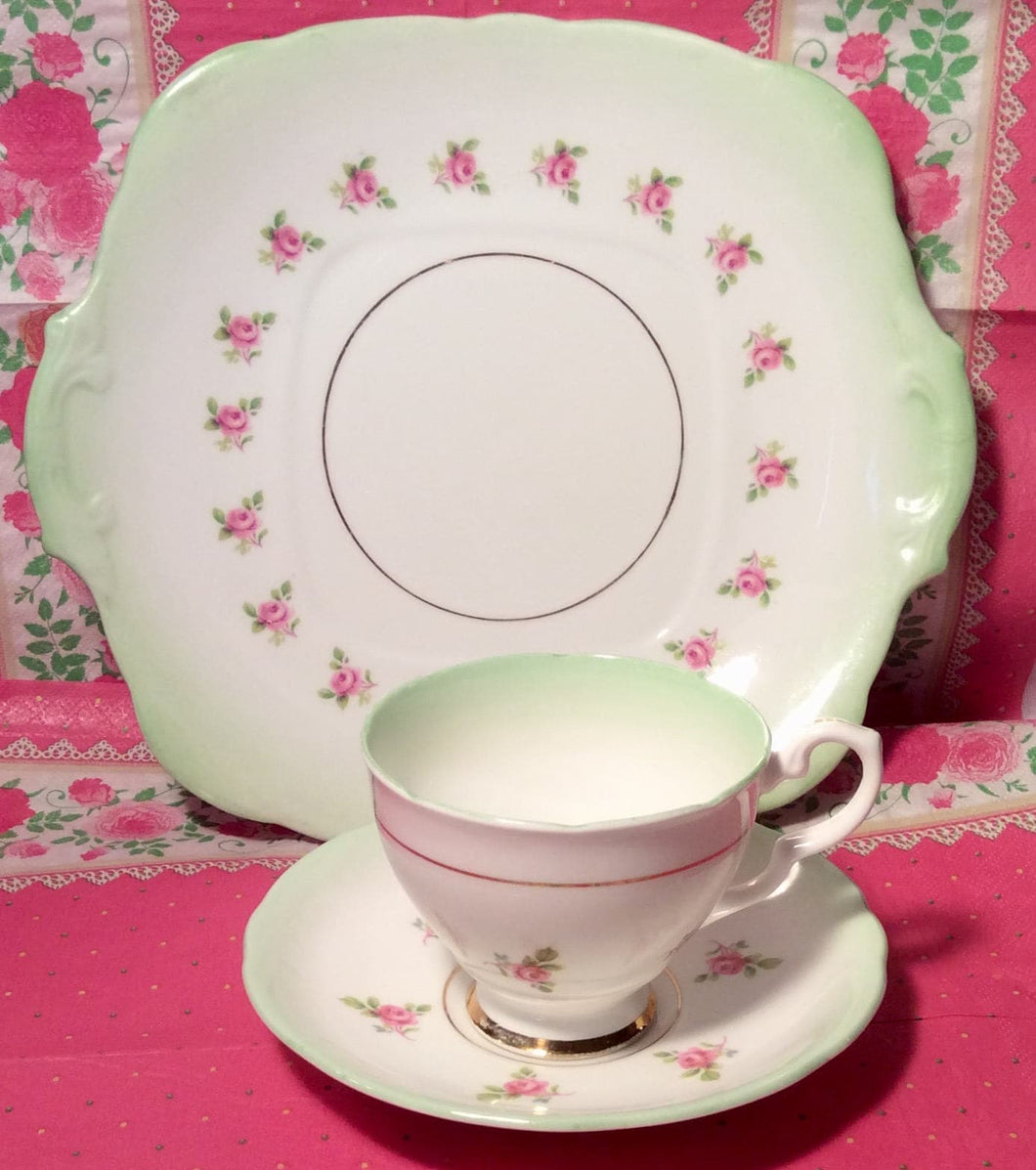 Pretty in Pink- and Green-Royal Stafford Teacup and Saucer Cake Plate Trio