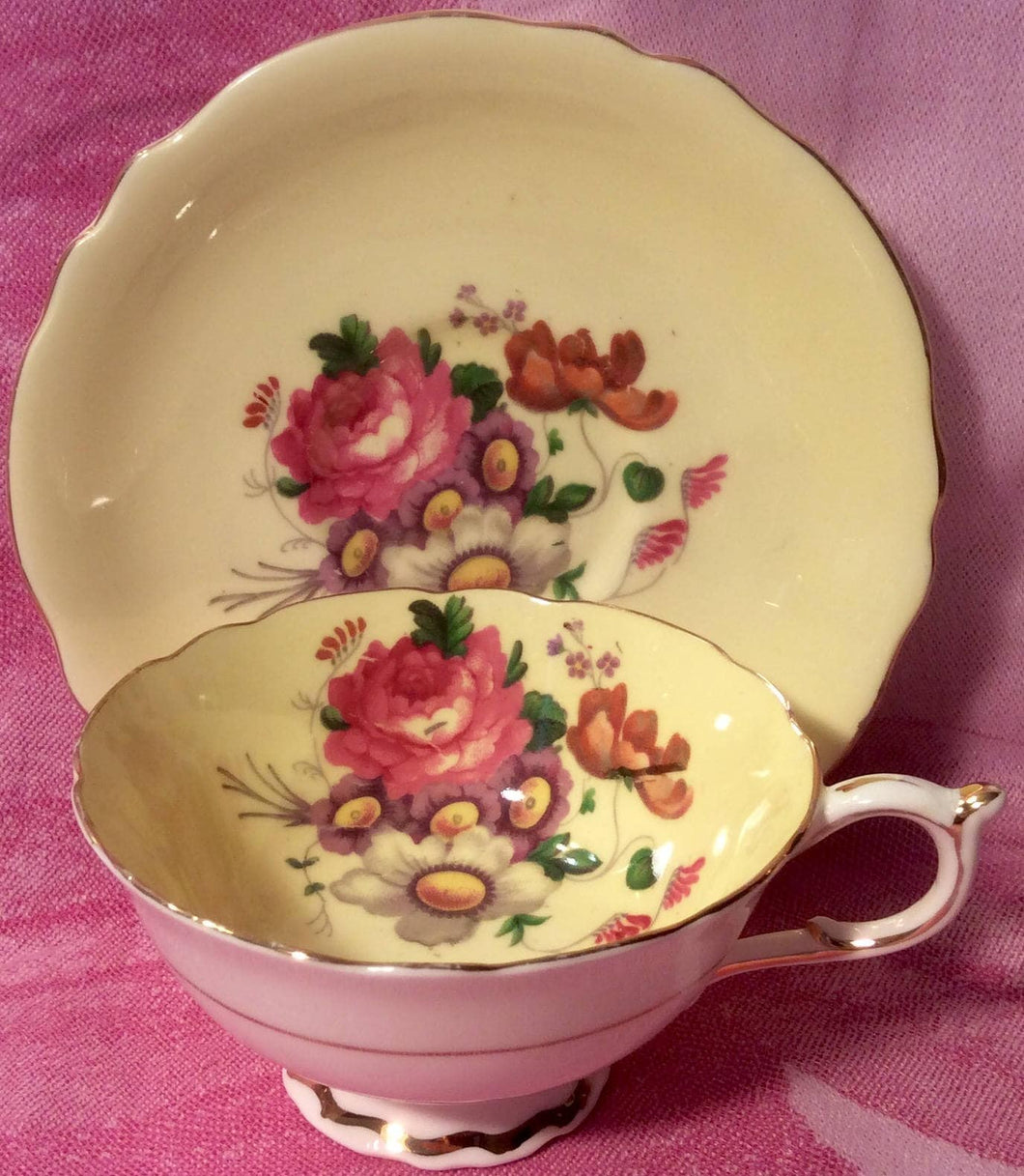 Pretty in Pink-And Yellow-Paragon Double Royal Warrant Pedestal Teacup and Saucer