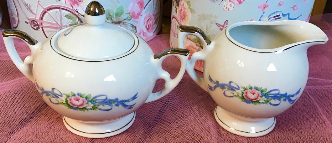 Pretty In Pink-Blue Bows Happy 25th Anniversary Creamer and Sugar Bowl Japan