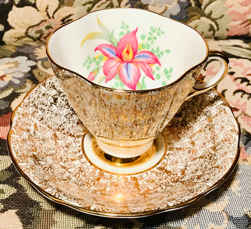 Pretty in Pink-Windsor Regal Gold Teacup and Saucer