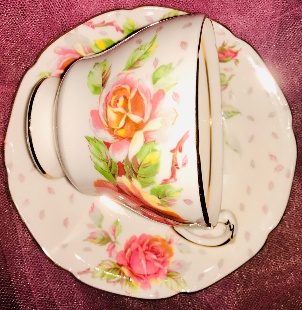 Pretty in Pink-White Paragon Golden Emblem Pedestal Teacup and Saucer