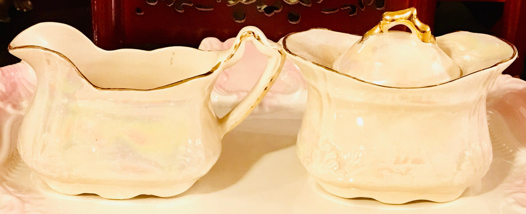 Pretty In Pink-Arthur Wood Iridescent Creamer and Lidded Sugar Bowl