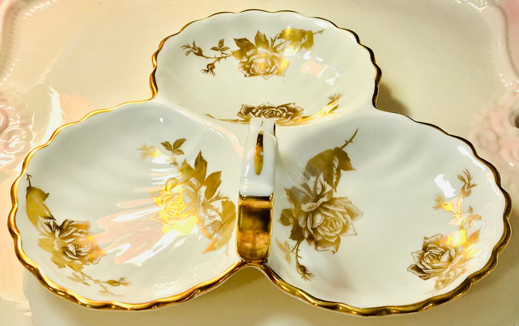 Pretty in Pink-and Gold-Hammersley Rose 3 Part Relish Dish