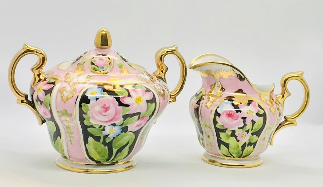 Pretty in Pink-Stunning Nippon Gold Moriage Hand Painted Creamer and Sugar Bowl