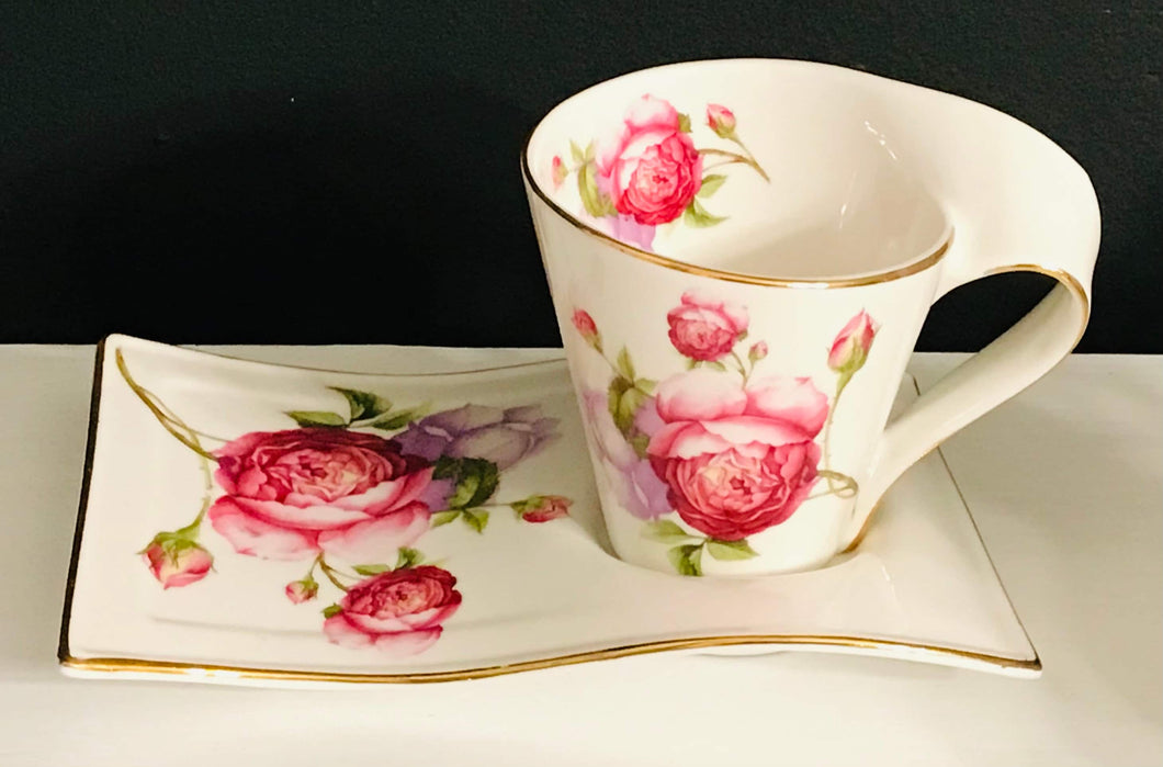 Pretty in Pink-Romantic Pink Rose New In Box Adeline Porcelain Teacup and Snack Plate