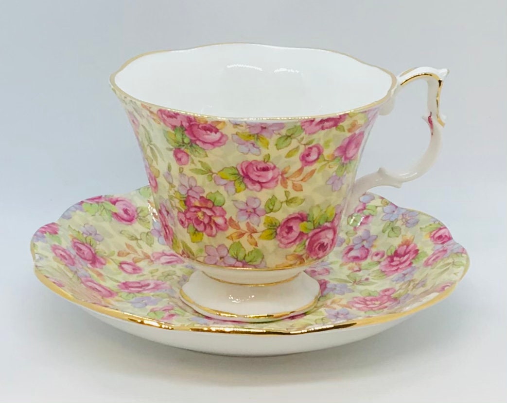 SOLD! Pretty in Pink-Royal Albert Pink Rose Chintz Pedestal Teacup and Saucer
