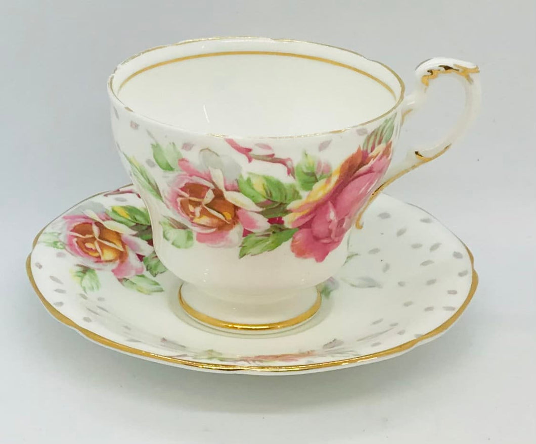 Pretty in Pink-White Paragon Golden Emblem Pedestal Teacup and Saucer
