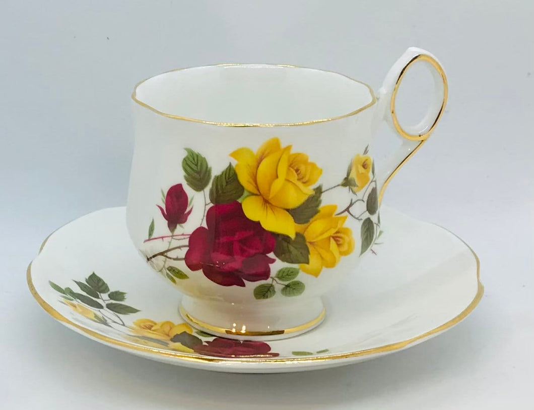 Pretty in Pink-Beautiful Rosina Yellow and Red Roses Teacup and Saucer