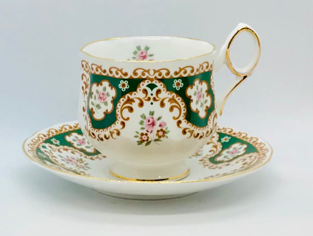 Pretty in Pink-Beautiful Rosina Green And White Teacup and Saucer