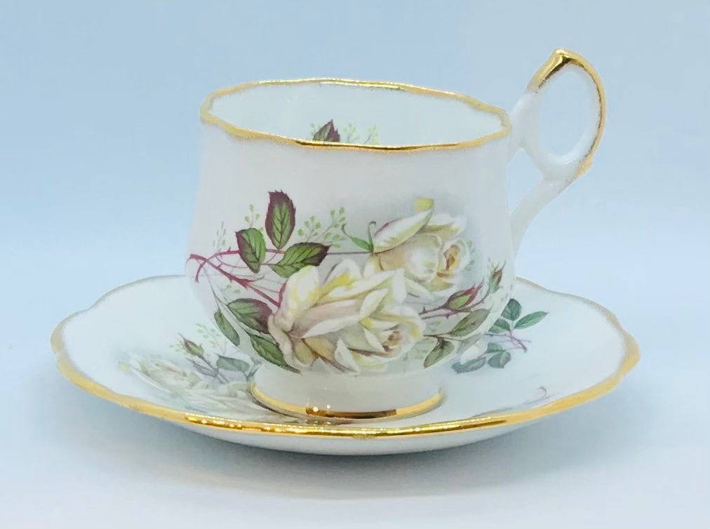 Pretty in Pink-Beautiful Rosina White  Roses Teacup and Saucer