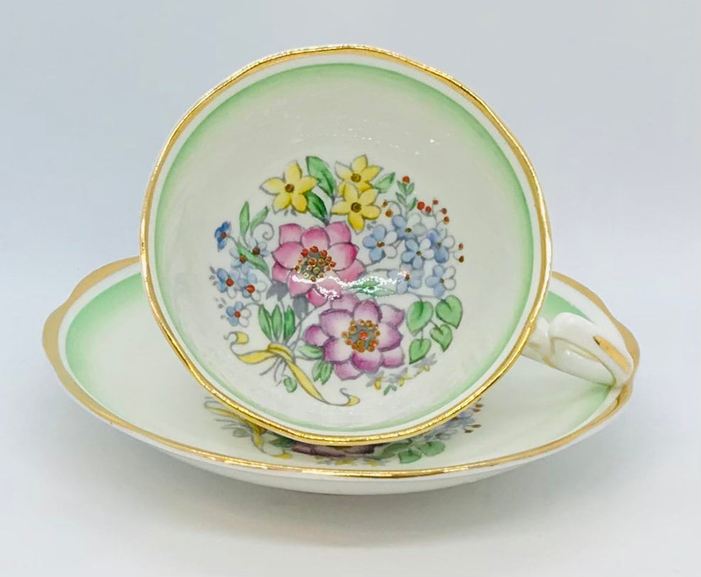 Pretty in Pink-Royal Albert 1930s Green and White Floral Teacup and Saucer